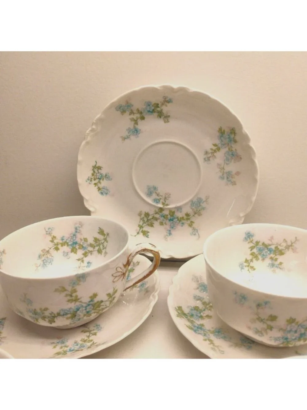 Antique Haviland Limoges Blue Pink Forget Me Not Cup & Saucer Set of 4